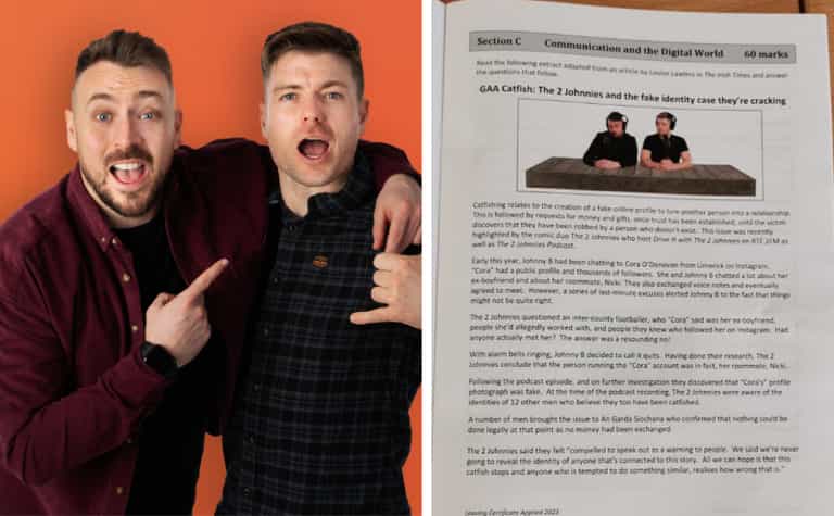 The 2 Johnnies GAA Catfish saga appears on English Leaving Cert paper