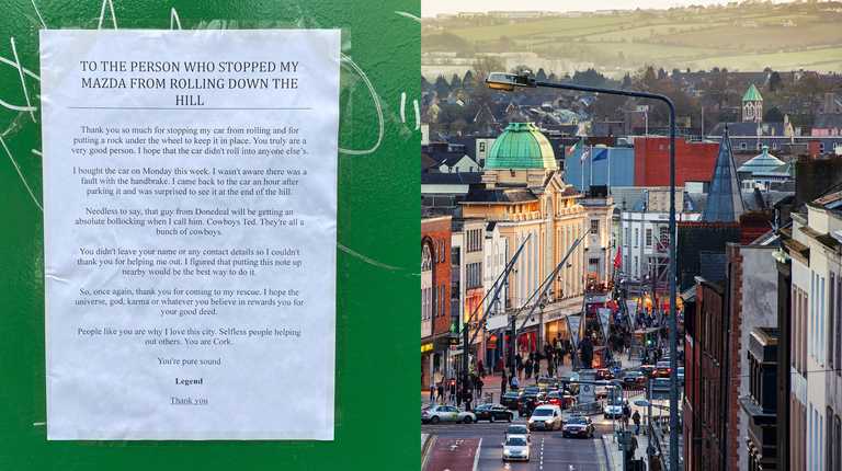 ‘You are Cork. You’re pure sound’ – Driver leaves hilarious thank you note for person who saved car from rolling down hill