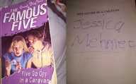 enid blyton book cover, and a second image showing inside the cover where the name 'jessica mehmet' is written