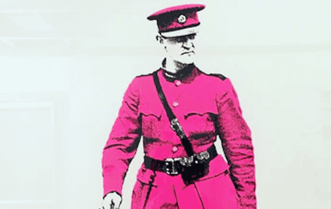 Print of Michael Collins in a pink suit with shopping bags ruffles Rebel feathers