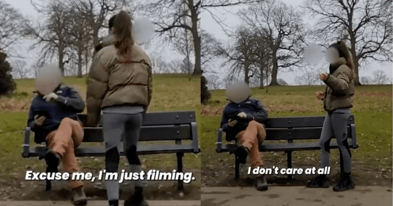 Influencer kicks off after man interrupts her livestream by sitting on public park bench Influencer kicks off after man interrupts her livestream by sitting on public park bench