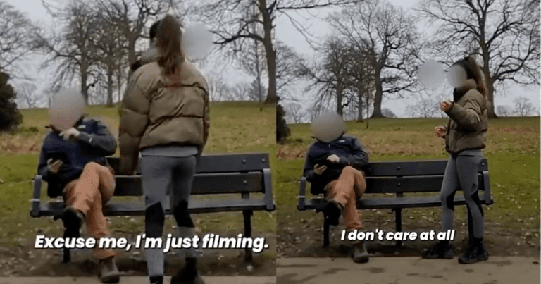 Influencer kicks off after man interrupts her livestream by sitting on public park bench