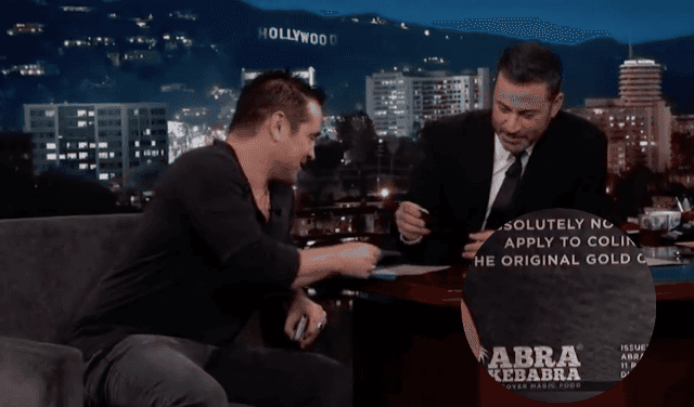 Colin Farrell showed off his Abrakebabra black card on Jimmy Kimmel Live Colin Farrell showed off his Abrakebabra black card on Jimmy Kimmel Live