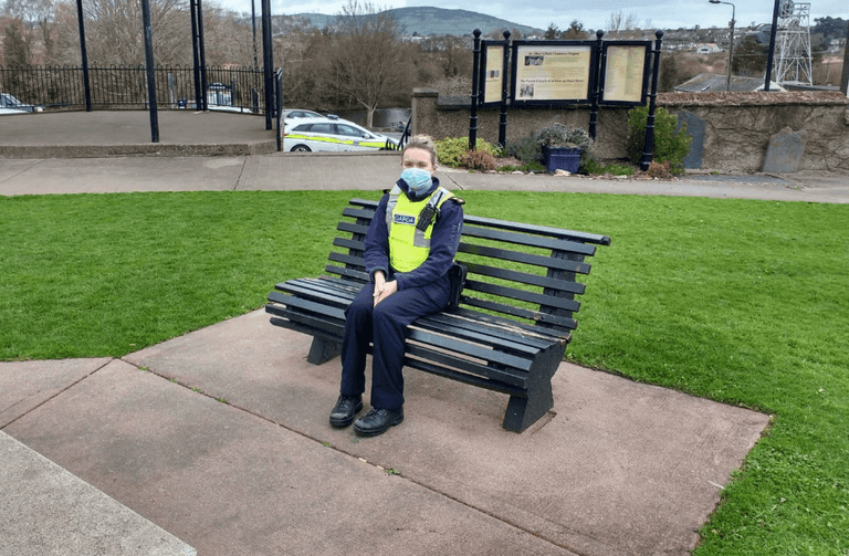 Gardaí introduce ‘chatting benches’ for people to have a socially distanced conversations Gardaí introduce ‘chatting benches’ for people to have a socially distanced conversations