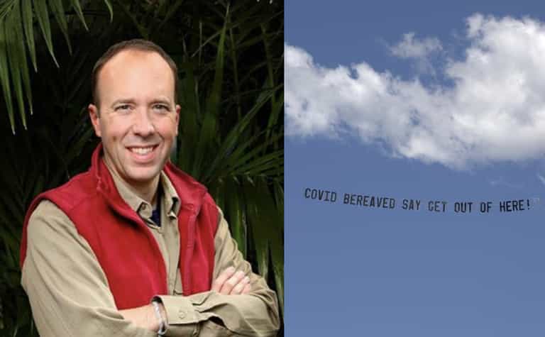 Banner calling for Matt Hancock to be axed flown over I’m a Celeb camp Banner calling for Matt Hancock to be axed flown over I’m a Celeb camp